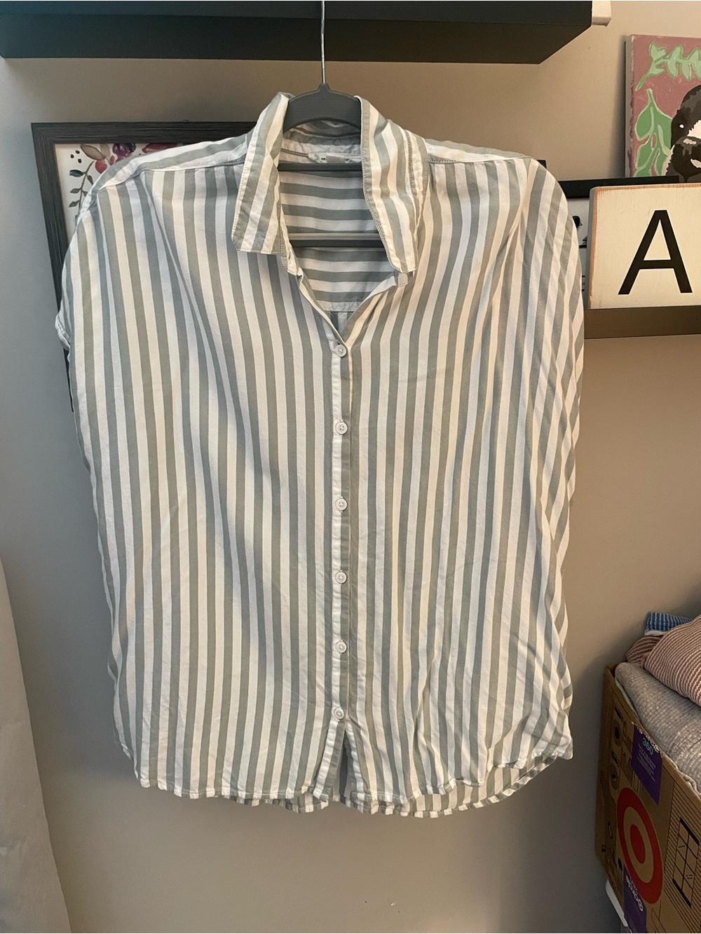beachlunchlounge sage and white vertical striped blouse